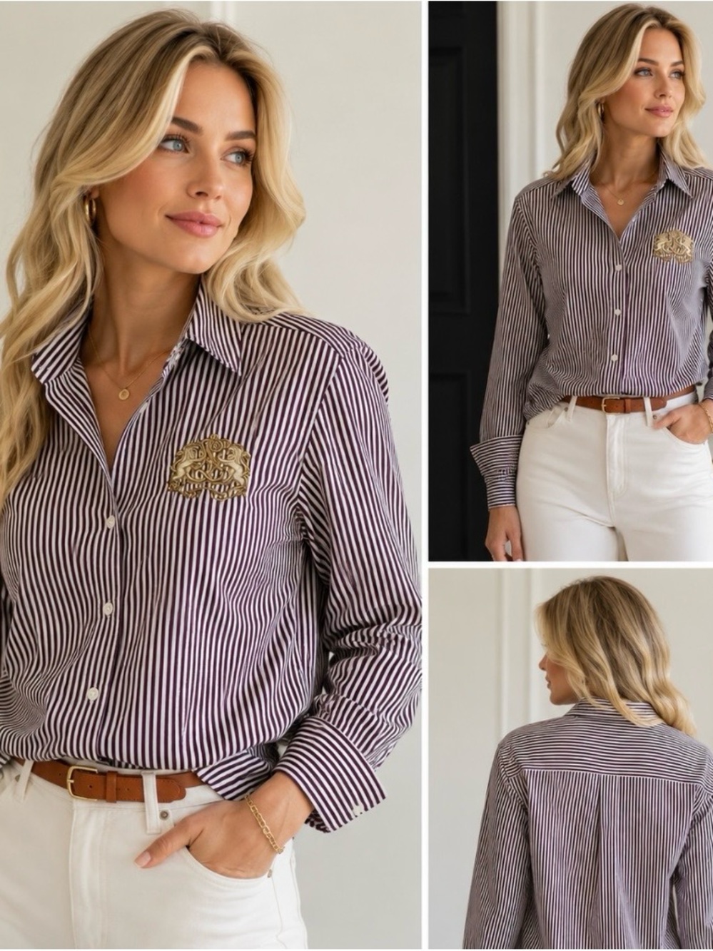 Ralph Lauren Brown and White Striped Button-Down Shirt with Embroidered Crest